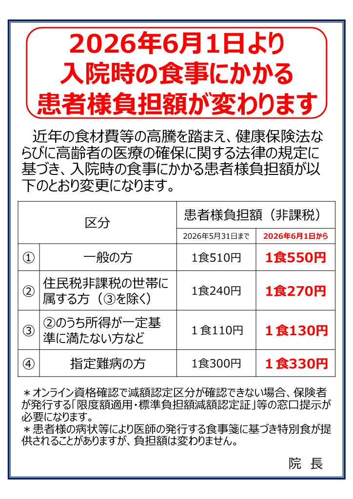 入院時の食事にかかる患者様負担額の変更について