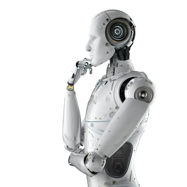 Robot in profile, with a white metallic body, in a thoughtful pose. Background is plain white, emphasizing the futuristic design.