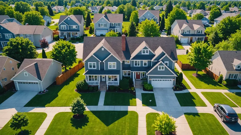 High angle view of a home for sale sign in a residential neighborhood