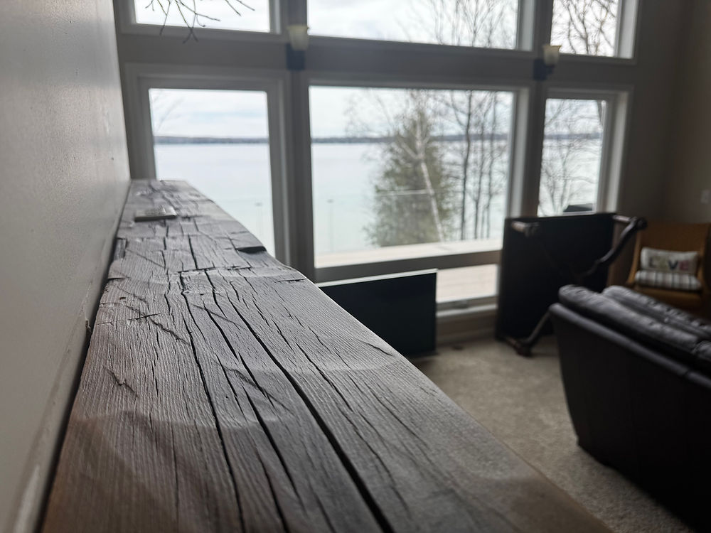 Northern Michigan reclaimed barnwood beam with lake view