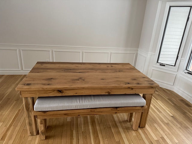 Square table and bench made from Northern Michigan Reclaimed Black Oak Barnwood