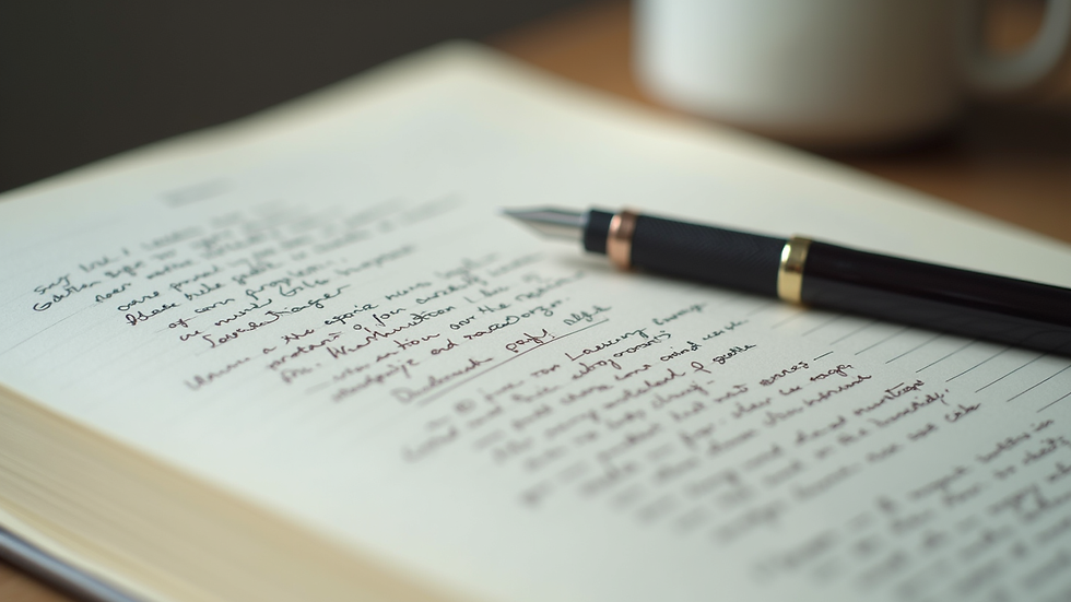 Close-up view of a manuscript with handwritten notes and a pen