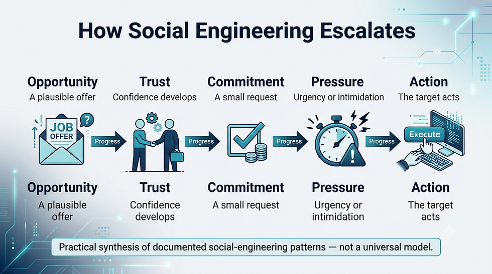 Vertical diagram illustrating five steps of social engineering: Opportunity, Trust, Commitment, Pressure, Action. Each step includes icons and short text descriptions. An "Executive" hand clicks a button in the Action stage. Disclaimer at bottom: "Practical synthesis...not a universal model".