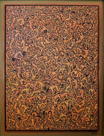 Corps et Âmes
Réalisée essentiellement en 2022,cette période de la peinture de Michel Isnard revisite ses thèmes de prédilection :
l'amour et la religion.
On y découvre des oeuvres traitant de la bible ou de l'évangile,dans son style très particulier,et habitées de clés ou de symboles.
Dans cette période encore, le peintre accorde beaucoup d'importance aux fonds,lesquels sont chargés de signes qui apparaissent au premier abord comme des décors, mais qui en réalité prolongent, renforcent, ou justifient les scènes centrales.
Toute cette période, répond à cette démarche qui est le fruit de sa pensée.
"rien dans mon travail ne cède au hasard" écrit-il.