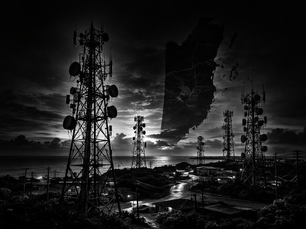 Black and white telecommunications towers over coastal Belize at dusk, silhouetted against a dark sky.