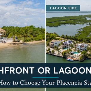 Split-screen aerial view comparing a beachfront villa beside the Caribbean Sea with lagoon-side homes along Placencia’s western waterfront. Text reads, “Beachfront or Lagoon-Side? How to Choose Your Placencia Stay.”