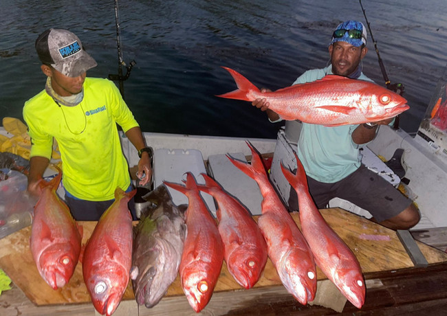 Two guys posing with Red snappers Placencia