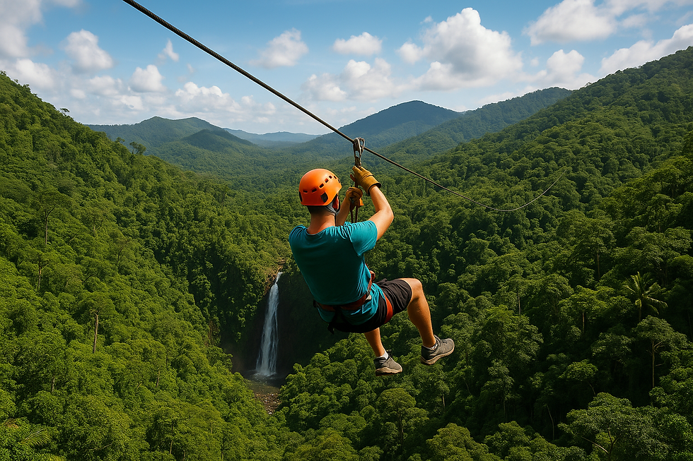 Person ziplining over lush green forest with a waterfall in the distance. Wears an orange helmet and teal shirt. Clear blue sky.