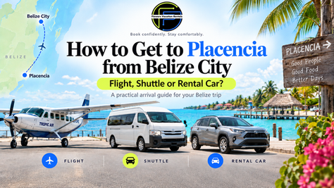 Belize travel guide banner with plane, shuttle van and SUV by beach; map to Placencia and sign: Good People, Good Food, Better Days.