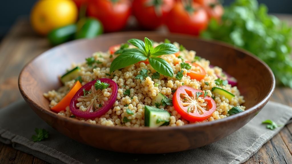 Eye-level view of a colorful quinoa salad with vegetables