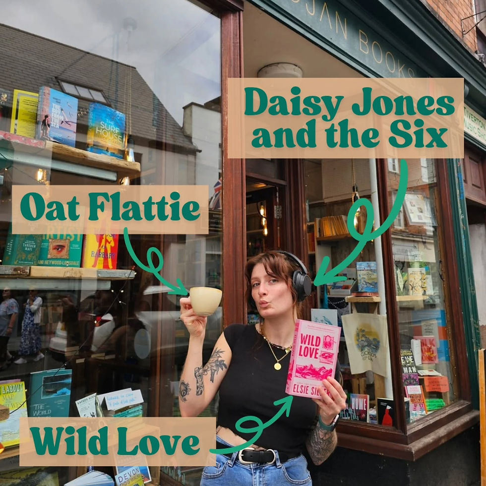 Staff member Jessie with her favourite coffee, book and audiobook.