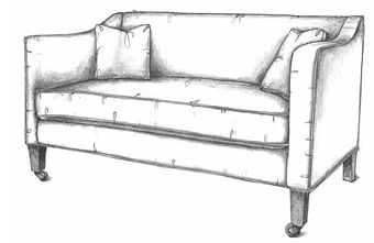 High armed slight slope condo sofa with turned legs and a bench seat