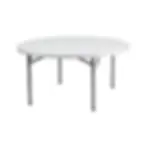 White round folding table with metal legs, perfect for any event setting.