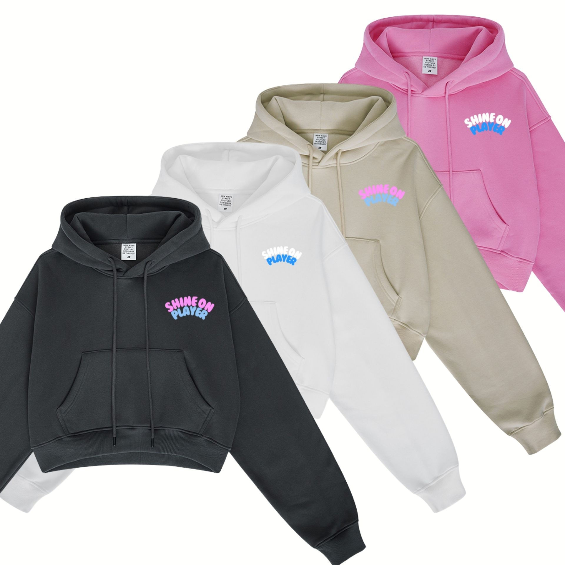 Starr'd Fleece-Lined Cropped Oversized Hoodie [Dark Grey | White | Tan | Pink]