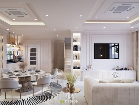 ห้องนั่งเล่น Luxury สีครีม Dining เปิดโล่ง | 25Design ออกแบบตกแต่งห้องนั่งเล่น กรุงเทพ