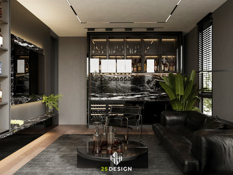 ห้องนั่งเล่น Luxury Modern Dark สีเข้ม ต้นไม้ในบ้าน | 25Design ออกแบบตกแต่งห้องนั่งเล่น กรุงเทพ
