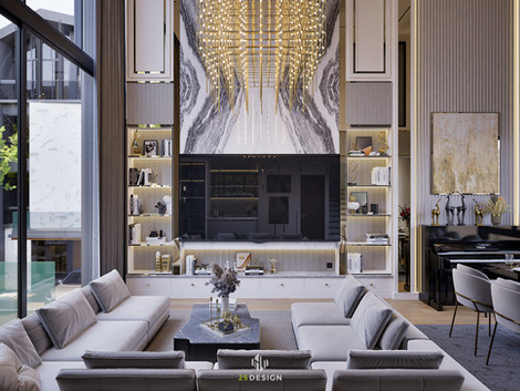 ห้องนั่งเล่น Luxury Feature Wall โซฟาหรู โคมไฟ | 25Design ออกแบบตกแต่งห้องนั่งเล่น กรุงเทพ