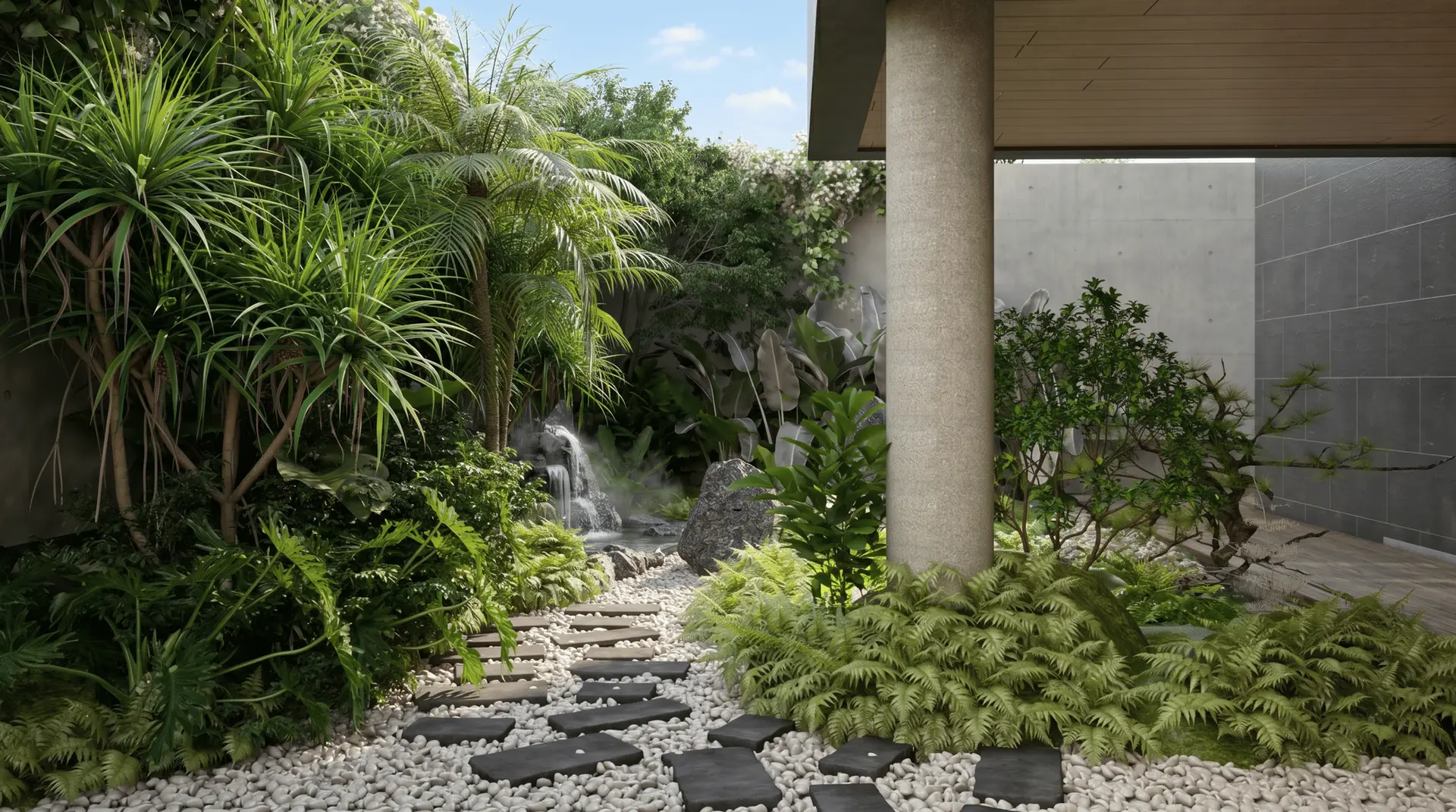 ทางเดินหินดำหินกรวดขาว สวน Tropical บ่อน้ำตก เสาคอนกรีต | 25Design รับสร้างบ้าน กรุงเทพ