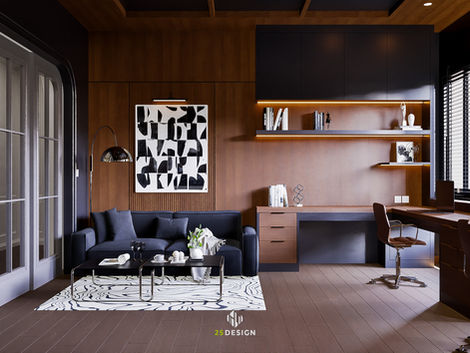 ห้องทำงาน Dark Wood Abstract Art Executive โต๊ะ | 25Design ออกแบบห้องทำงาน Home Office กรุงเทพ