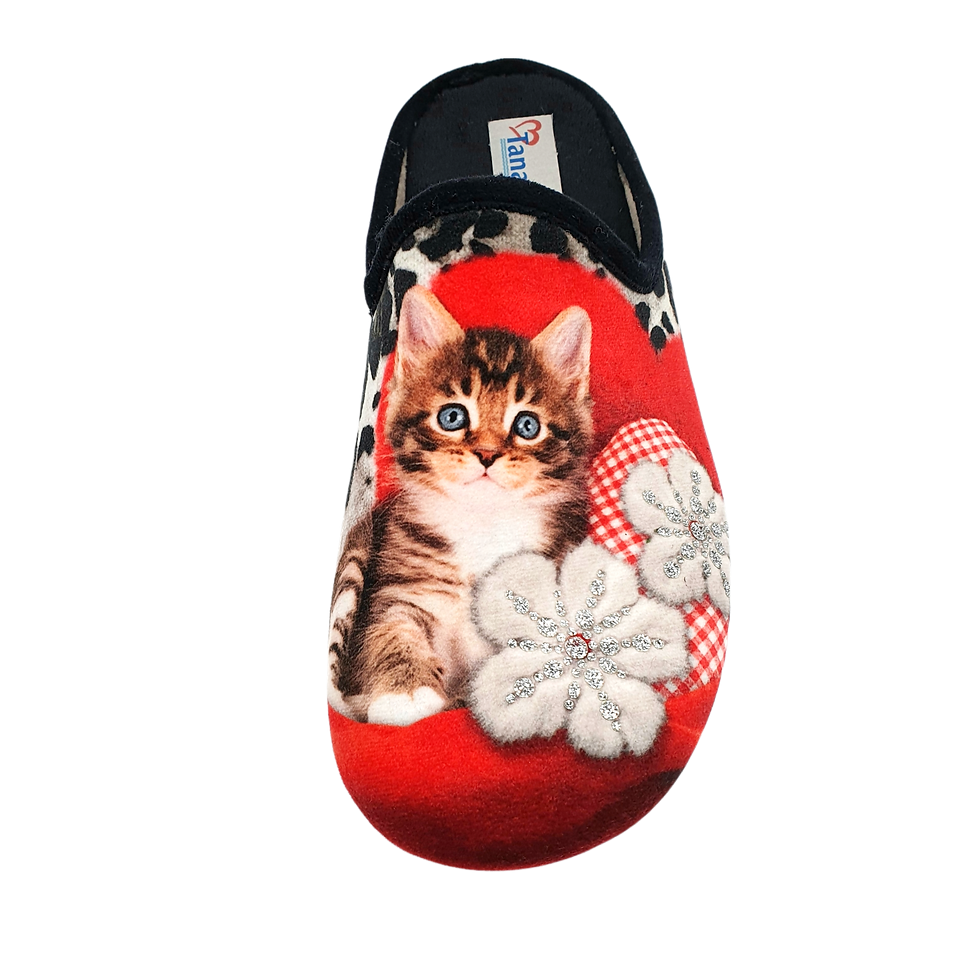 Thumbnail: SCHUHKÖNIG (E)  HAUSSCHUH PANTOFFEL HELLE SOHLE KATZE KISSEN ROT/SCHWARZ 5553266