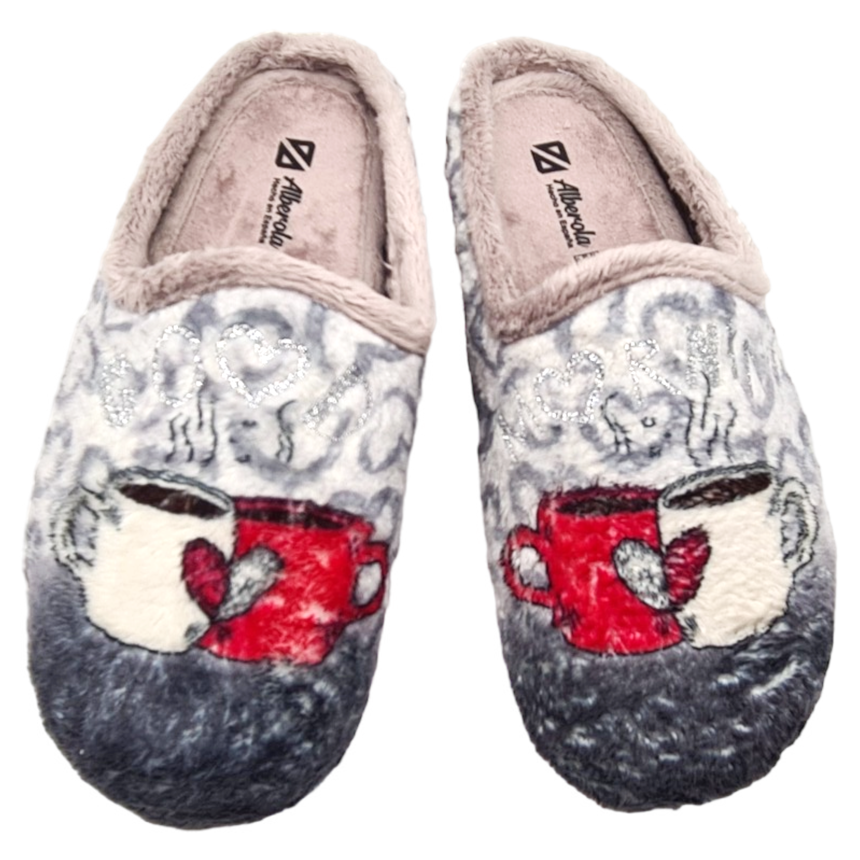 ALBEROLA (E) HAUSSCHUHE PANTOFFEL VERLIEBTE KAFFEETASSEN  PLÜSCH X29326A