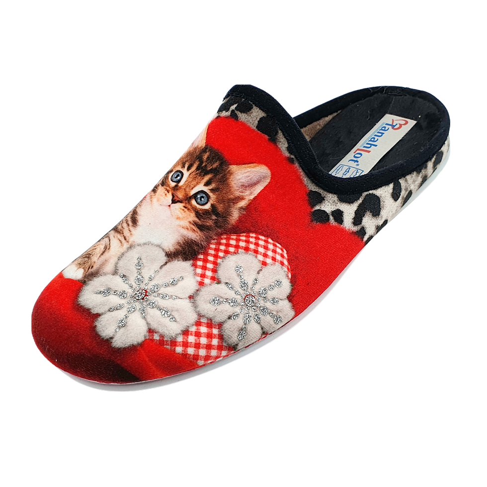 Thumbnail: SCHUHKÖNIG (E)  HAUSSCHUH PANTOFFEL HELLE SOHLE KATZE KISSEN ROT/SCHWARZ 5553266
