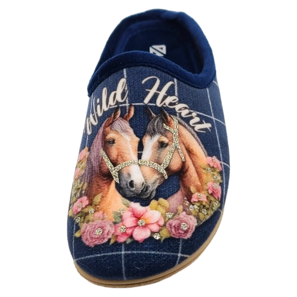 Thumbnail: ALBEROLA (E) HAUSSCHUH/ PANTOFFEL HELLE SOHLE PPERDE "WILD HEART" BLAU X30753A