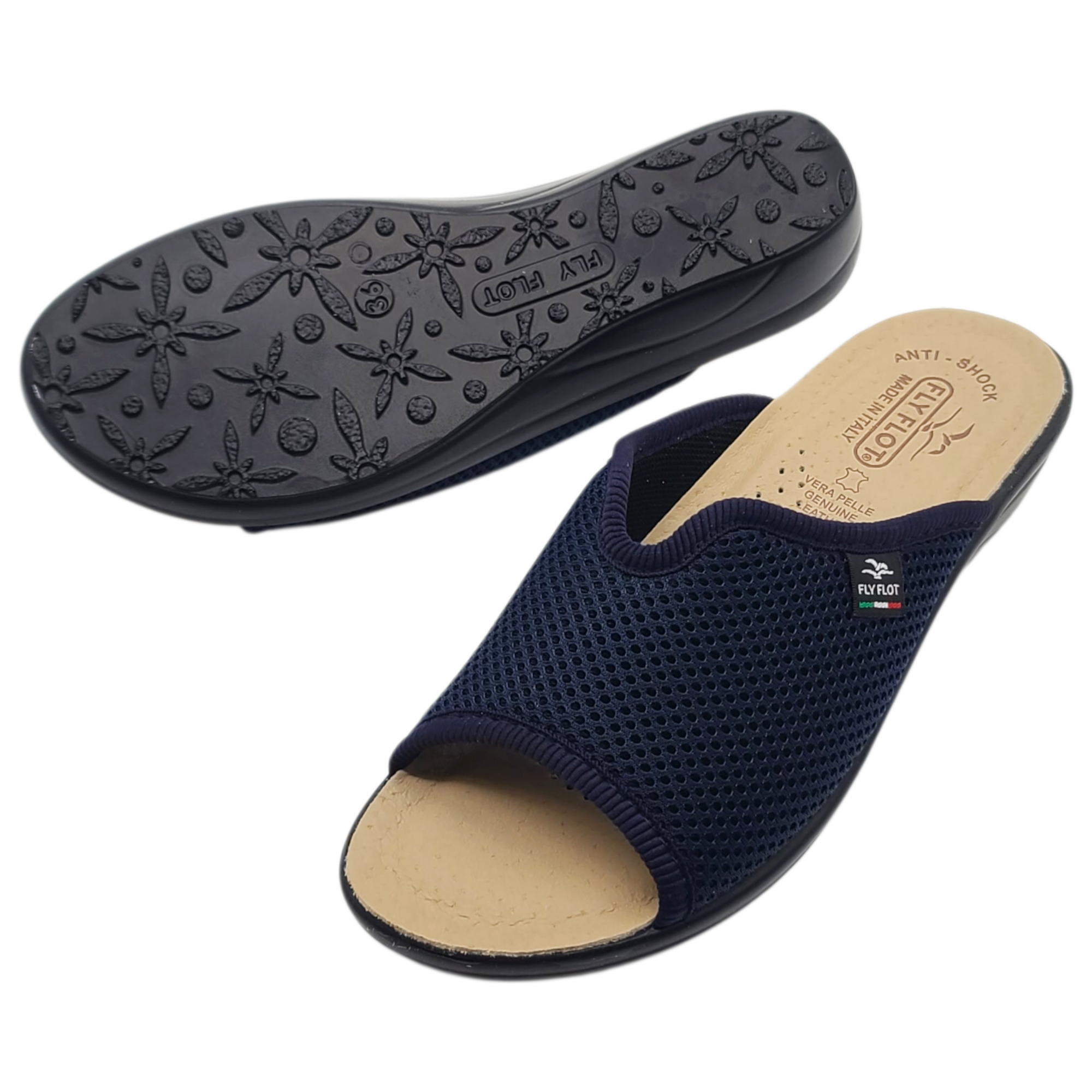 FLY FLOT PANTOFFEL / HAUSSCHUH HELLE SOHLE Offen BluT4-429-FE