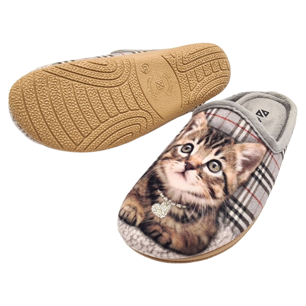 Thumbnail: ALBEROLA (E) HAUSSCHUH / PANTOFFEL HELLE SOHLE KATZE GRAU  - HERZKETTE X29145A