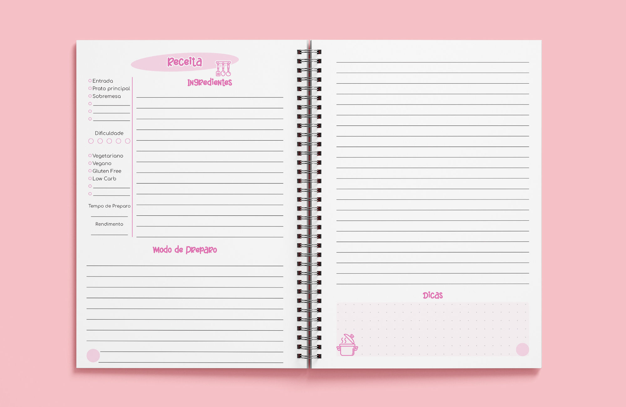 Caderno de Receitas Pink Funny - Miolo em Arquivo Digital