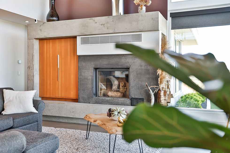 Modern living room with fireplace, gray sofa