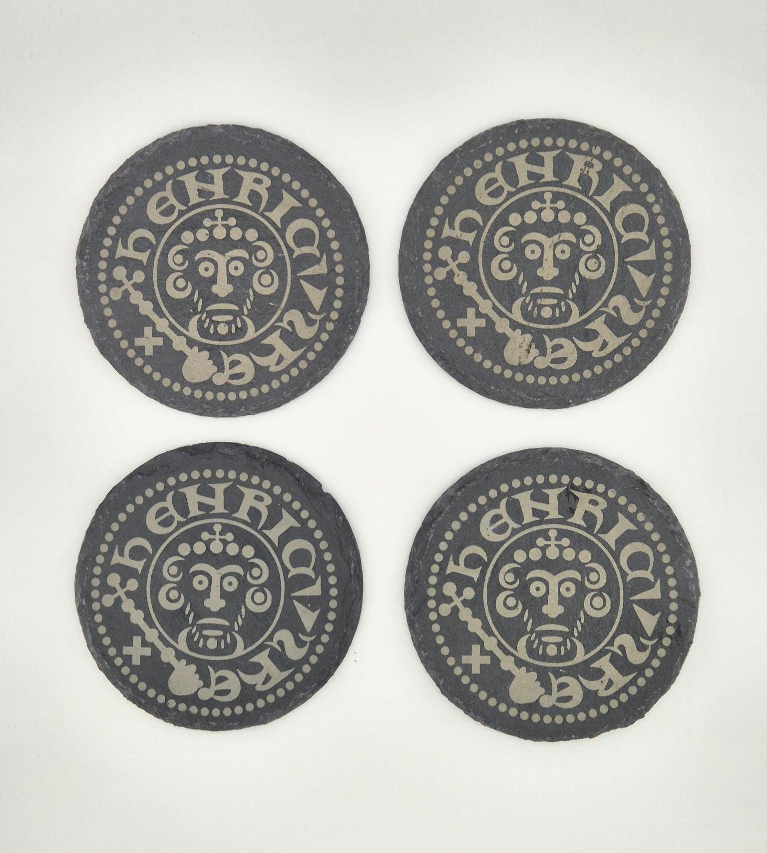 Medieval Coin Slate Coasters Set of 4 | Engraved Historical Design