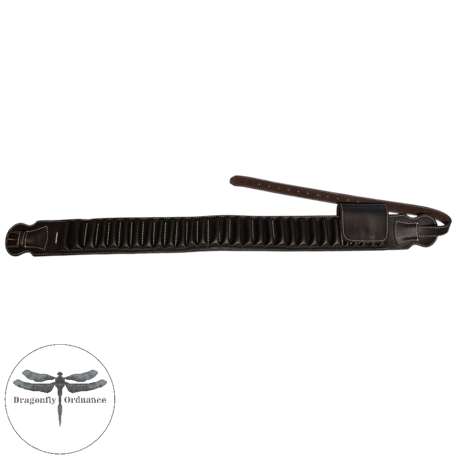 High-quality leather cartridge belt for 12 bore and .308 Winchester combination guns, dark brown with contrast stitching.
