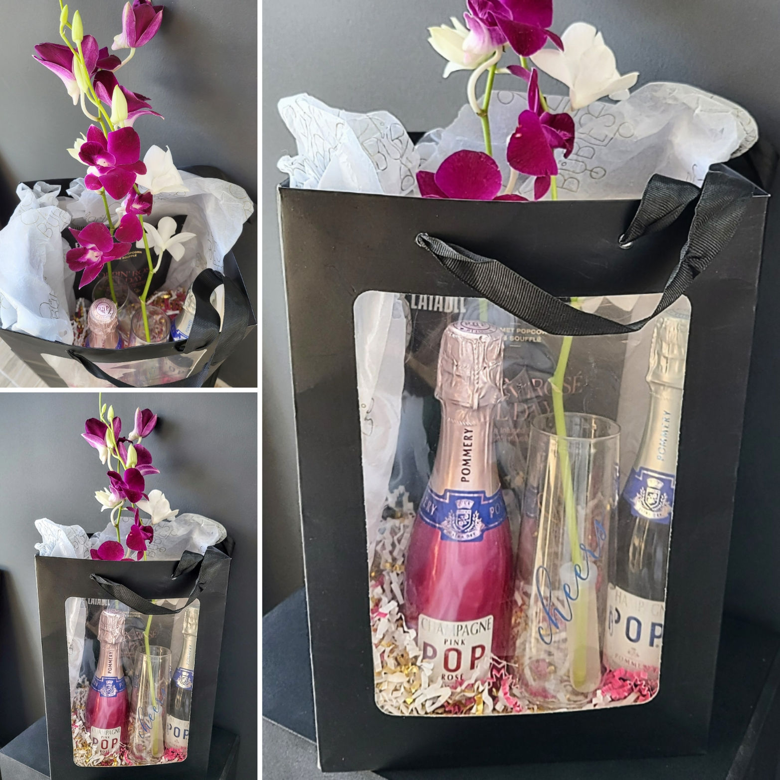 Black gift bag with mini champagne bottles, orchids