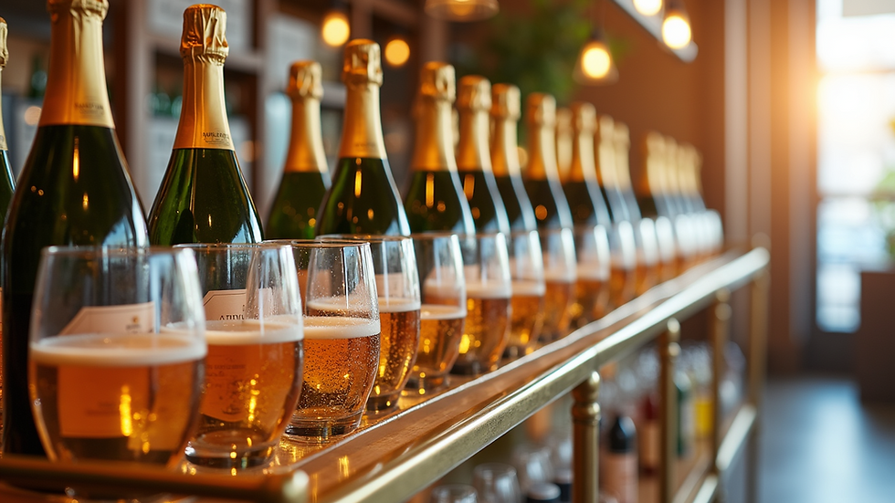 Eye-level view of a champagne beverage cart with sparkling bottles and glasses