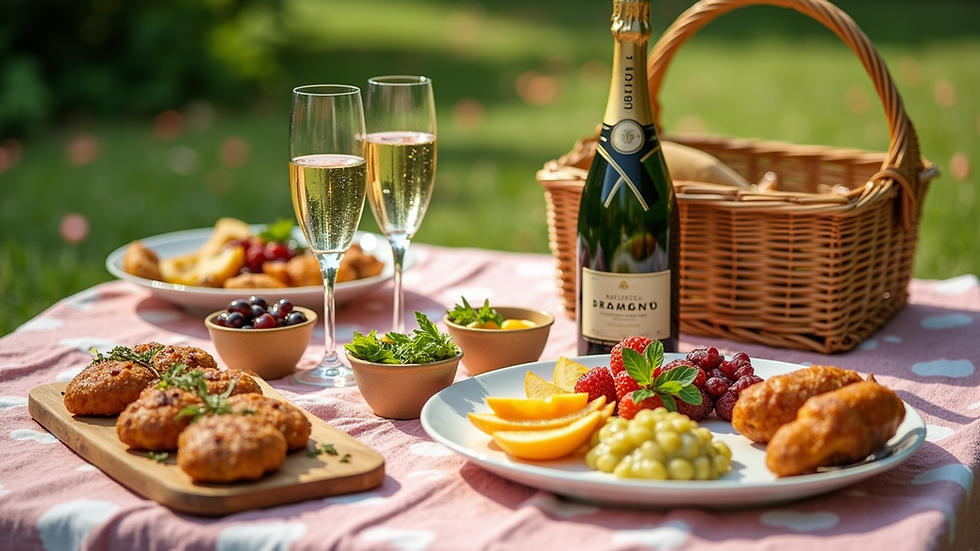 High angle view of a picnic setup with champagne and gourmet food outdoors