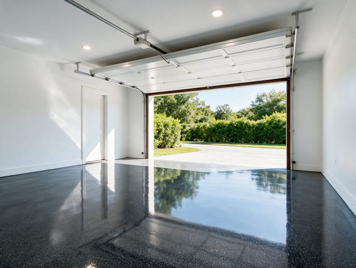 Glossy charcoal epoxy floor with metallic flake in a residential garage — inspiration image