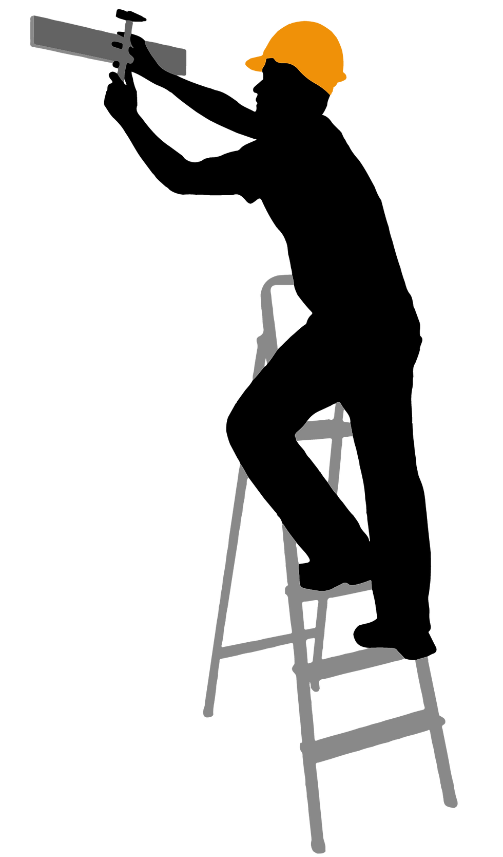 Illustration of a worker on a ladder using a drill.