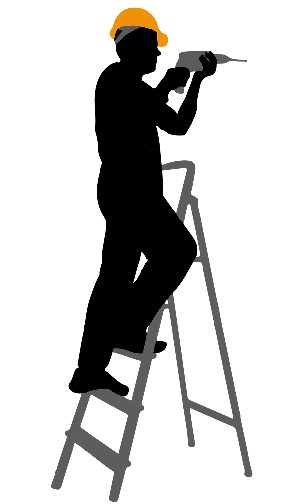 Illustration of a worker on a ladder using a drill.