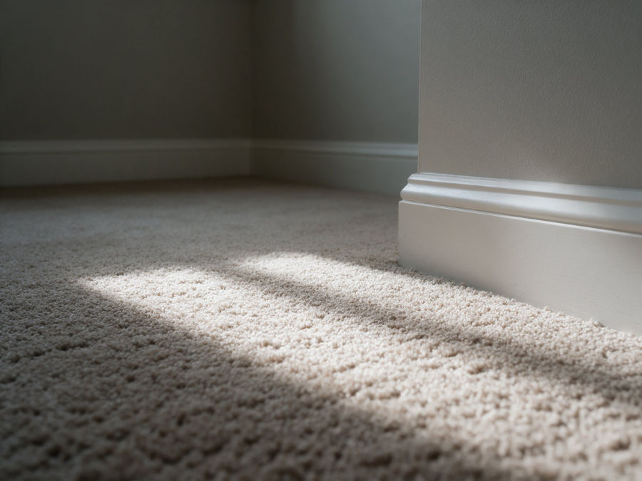 Plush carpet meeting a white baseboard in morning light — illustrative image