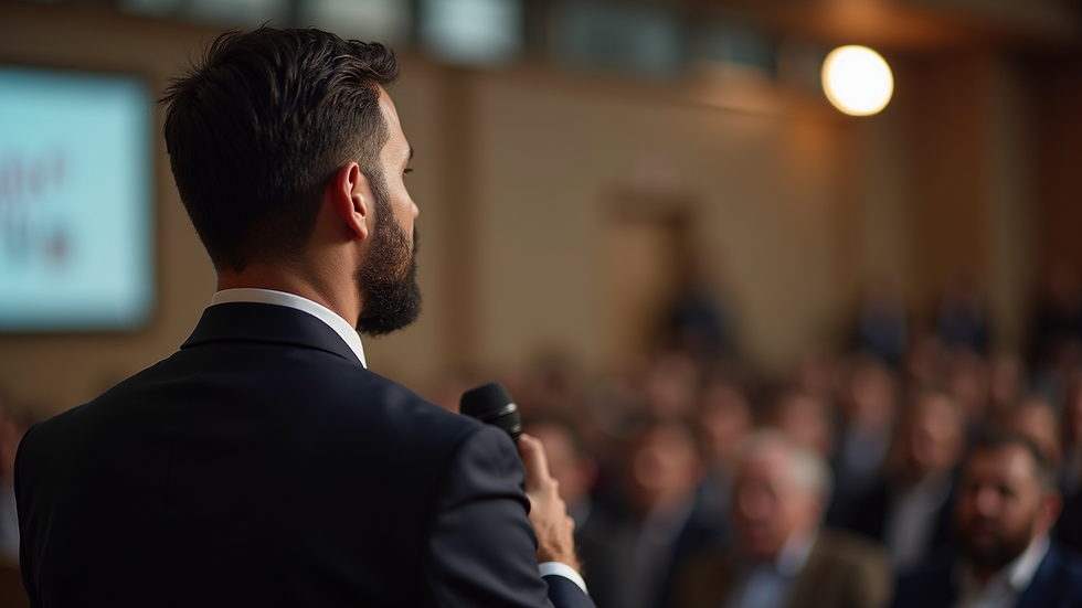 Close-up view of Juliano Caran speaking at a motivational event