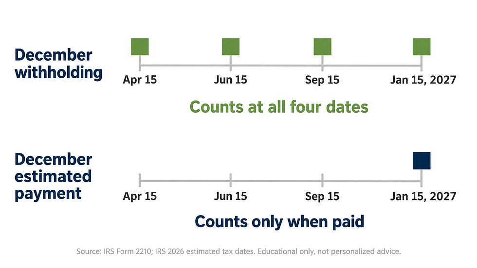 December withholding counts as paid evenly on all four 2026 estimated tax dates; a December check does not