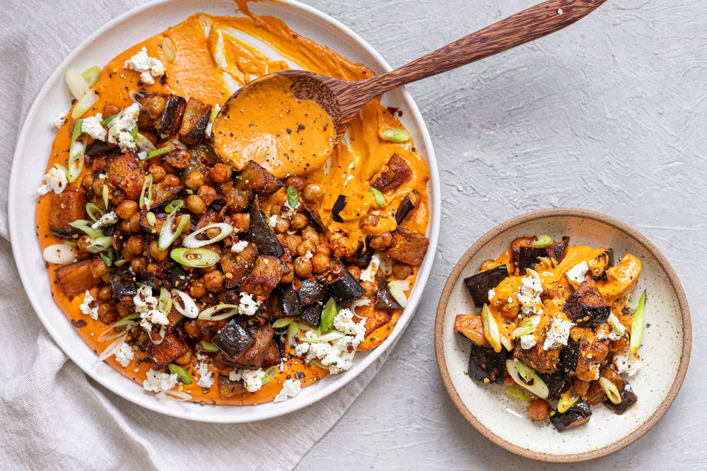 roasted aubergine & chickpea salad with harissa cashew cream