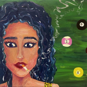 "The Game" Original Painting: Surreal Woman Smoking on Pool Table