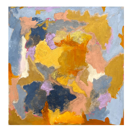 abstraktes Gemälde mit Blau-, Rosa- und Gelbtönen