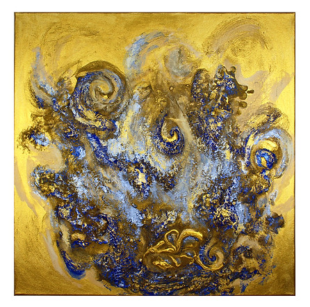 Kunstwerk mit Sand in Goldtönen und Blau