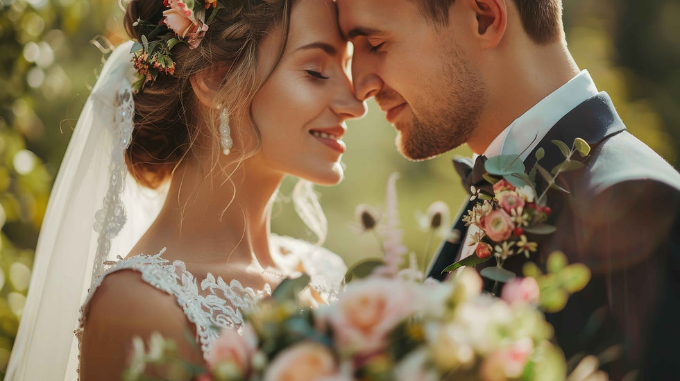 Close-up of a wedding couple with a gorgeous bouquet and copy space