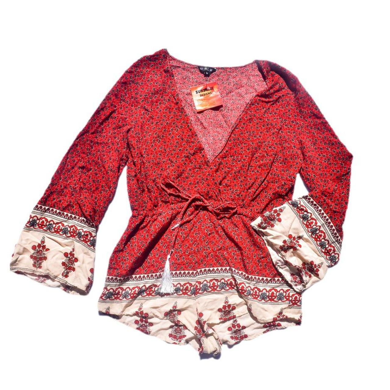 Blooming Elegance: Red and Beige Floral Romper