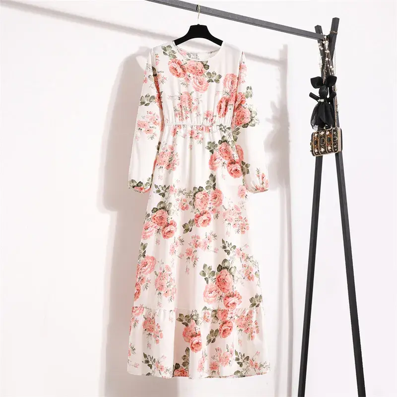 Thumbnail: Women's maxi dress with floral print, casual style, and round neckline.
