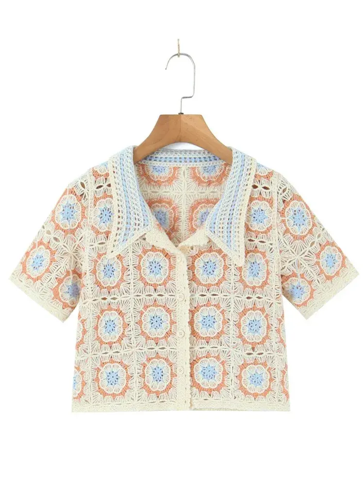 Thumbnail: BOHO Crochet Flower Short Sleeve Cardigan